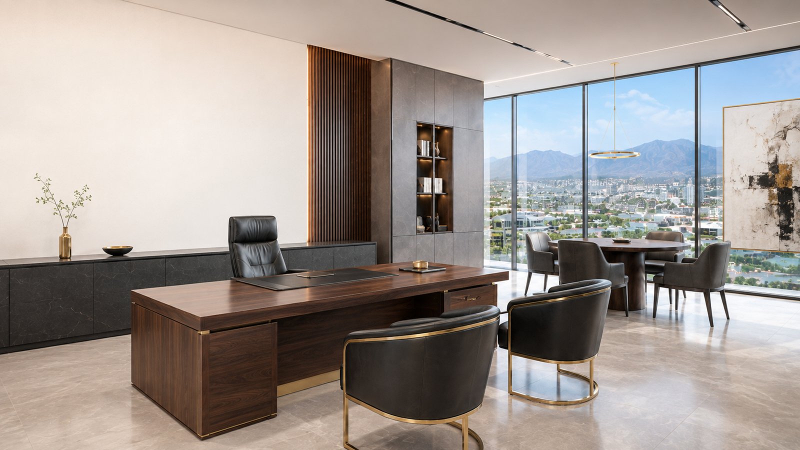 Interior conceptual de oficina ejecutiva de 30 metros cuadrados con vista panorámica