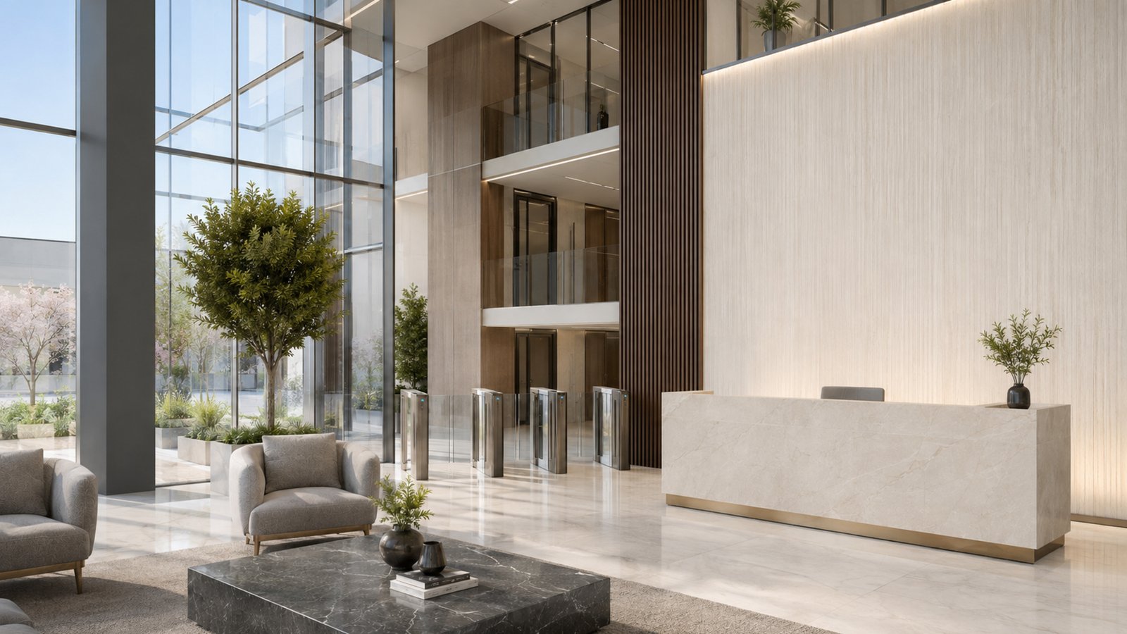 Lobby con recepción y acceso controlado